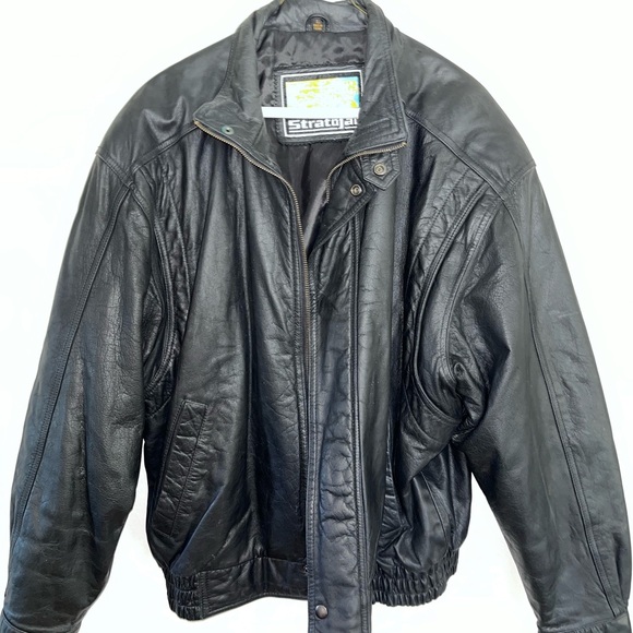 Vintage Stratojac Black Leather Bomber Jacket Men’s L 90s Oversized Moto Coat - Picture 1 of 13